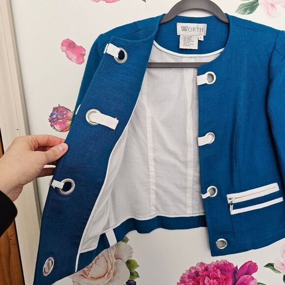 Blue White Nautical Cotton Linen Resort Blazer Suit Jacket Sailor Beachy Boating - Picture 12 of 12